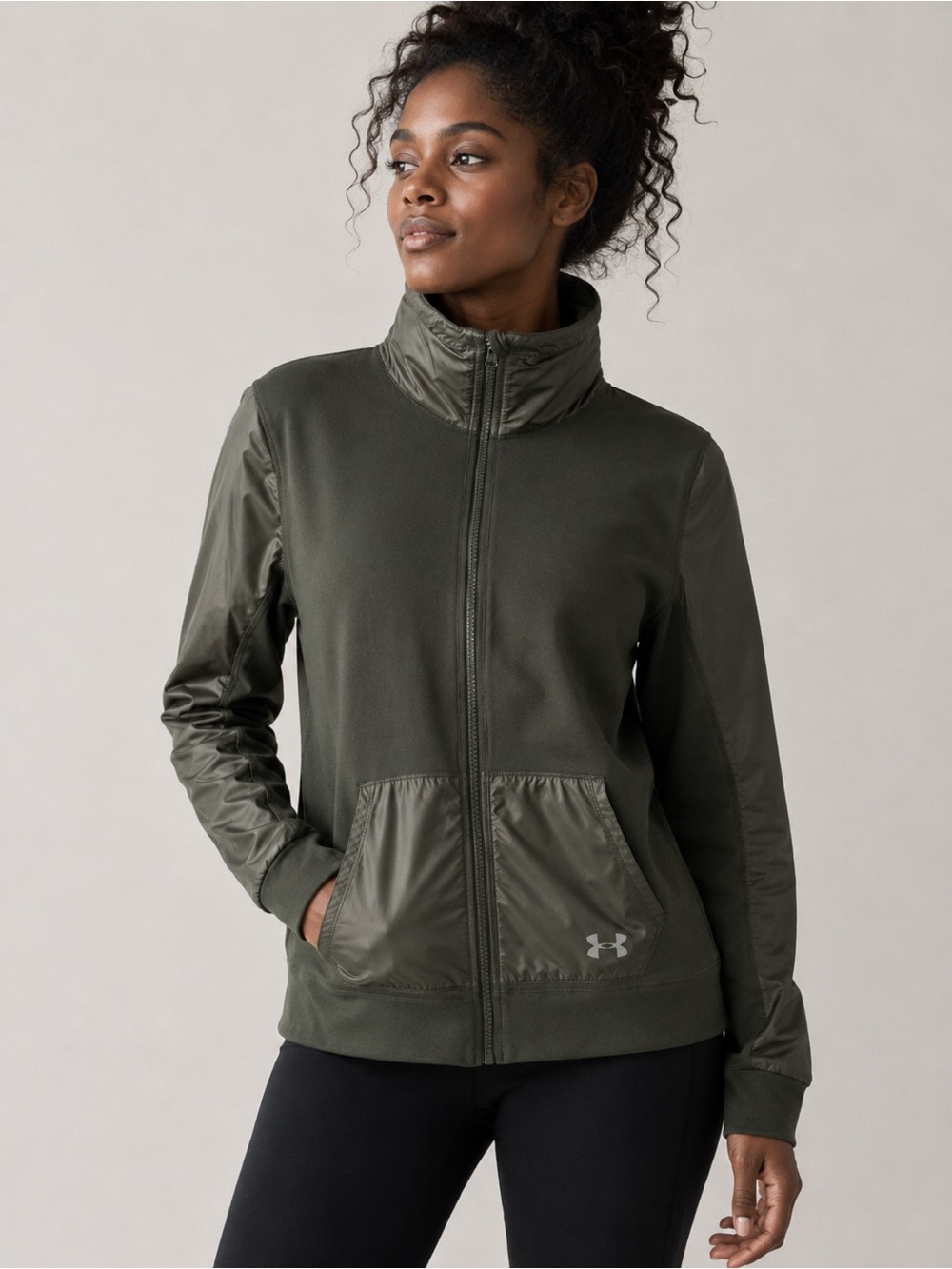 UNDER ARMOUR ColdGear Olive Full Zip Jacket Mock Neck Stretch Small